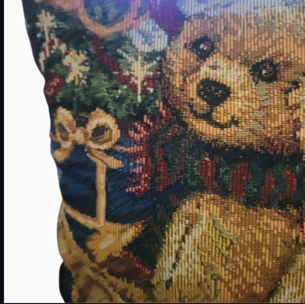 Christmas Bears Pillow Tapestry Burgundy Needlework Design Holiday Decor 16 X 12 - Picture 3 of 6
